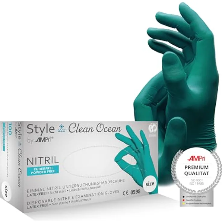 AMPri Nitrilhandschuhe, türkis, 100 Stück/Box, Größe XL, puderfrei, Style CLEAN OCEAN by Med-Comfort: Einmalhandschuhe aus Nitril in den Größen XS, S, M, L, XL.