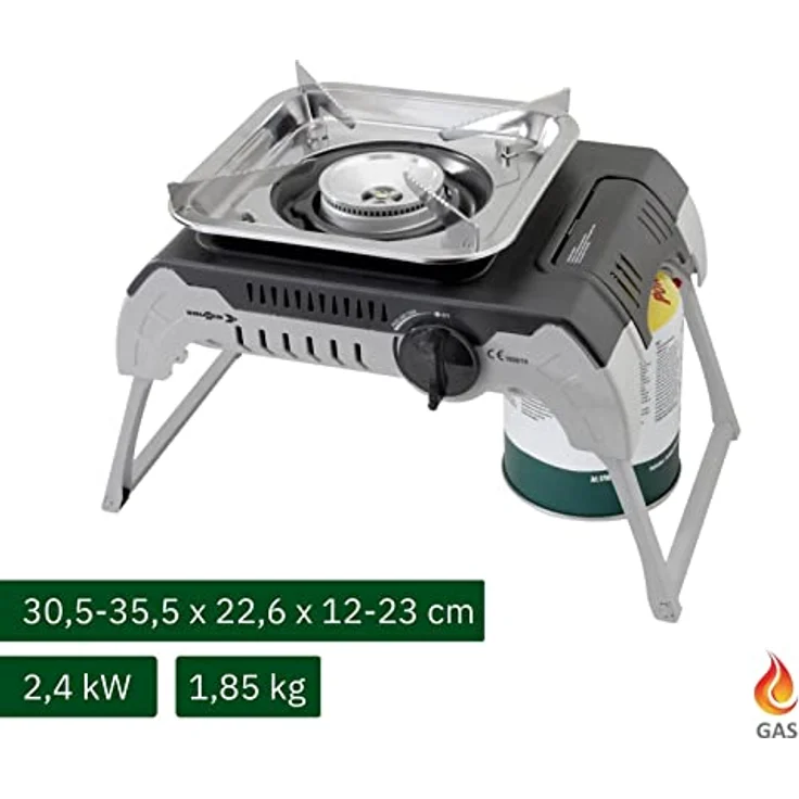 Brunner Campingkocher, tragbarer Gaskocher mit klappbaren Beinen, 2,4 kW Leistung, inkl. Kunststofftransportbox, Edelstahl-Rost – Bild 2