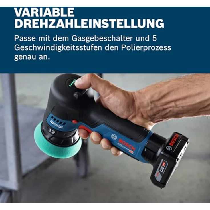 Bosch Professional GPX 12V-77, Akku-Polierer mit 77 mm Klett-Stützteller und Polier-/Scheuerschwamm, bürstenloser Motor, variable Drehzahl – Bild 5