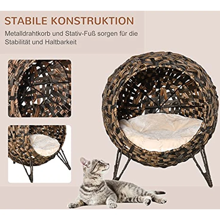 PawHut Katzenhöhle aus PE-Rattan, mit Kissen und erhöhten Füßen, braun, für Katzen bis 10 kg – Bild 3
