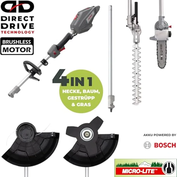 IKRA 36V Akku Multitool IB-MT 36, 4in1: Freischneider, Rasentrimmer, Heckenschere & Hochentaster mit umfangreichem Zubehör, kompatibel mit Bosch, geräuscharm & leistungsstark – Bild 2