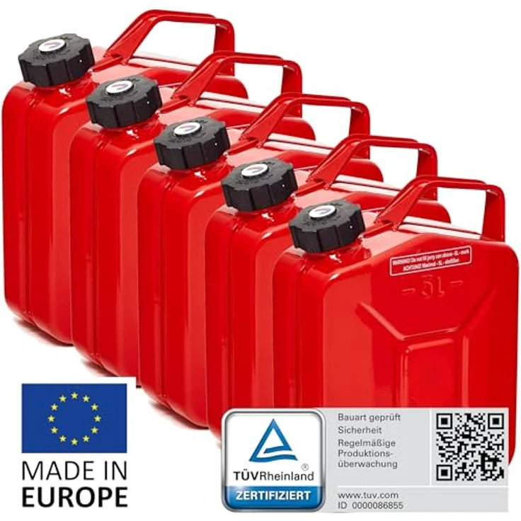 BW® Benzinkanister Metall 5x 5 Liter mit Schraubverschluss, roter Kraftstoffkanister RAL 3000, TÜV-geprüft, UN-zugelassen, 0,8mm Stahl nach DIN 7274, Made in Europe – Bild 2