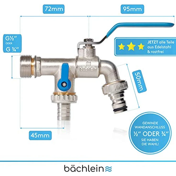 Bächlein Universal Doppel Auslaufhahn für den Garten [blau] inkl. 2 Schlauchanschlüssen - edler Doppelwasserhahn mit 1/2 und 3/4 Zoll Anschluss, Doppel Kugel-Auslaufventil – Bild 4