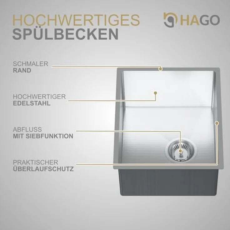HAGO Edelstahlspüle 40x34cm Silber, Einbauspüle mit Schallschutz und hygienischem Material – Bild 8