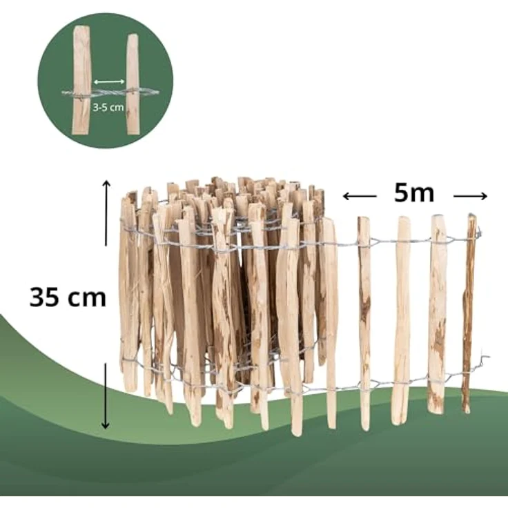 Creative Home Staketenzaun 35cm hoch und 5m lang | Haselnusszaun | Lattenabstand 3-5 cm | Gartenzaun Holz Holzzaun | Ideal als Rasenkante Blumenbeet Umrandung aus Haselnuss – Bild 2