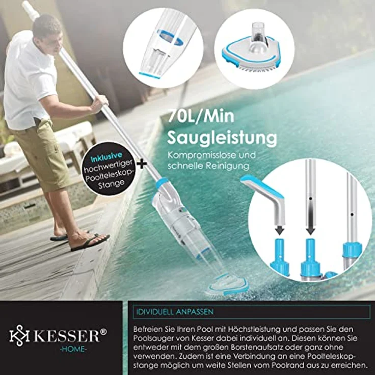 KESSER Poolsauger mit Akku | elektrisch Pool Bodensauger inkl. Filter & 2-Geschwindigkeits-System | kabelloser Reiniger mit HEPA-Filter, Schwarz – Bild 6