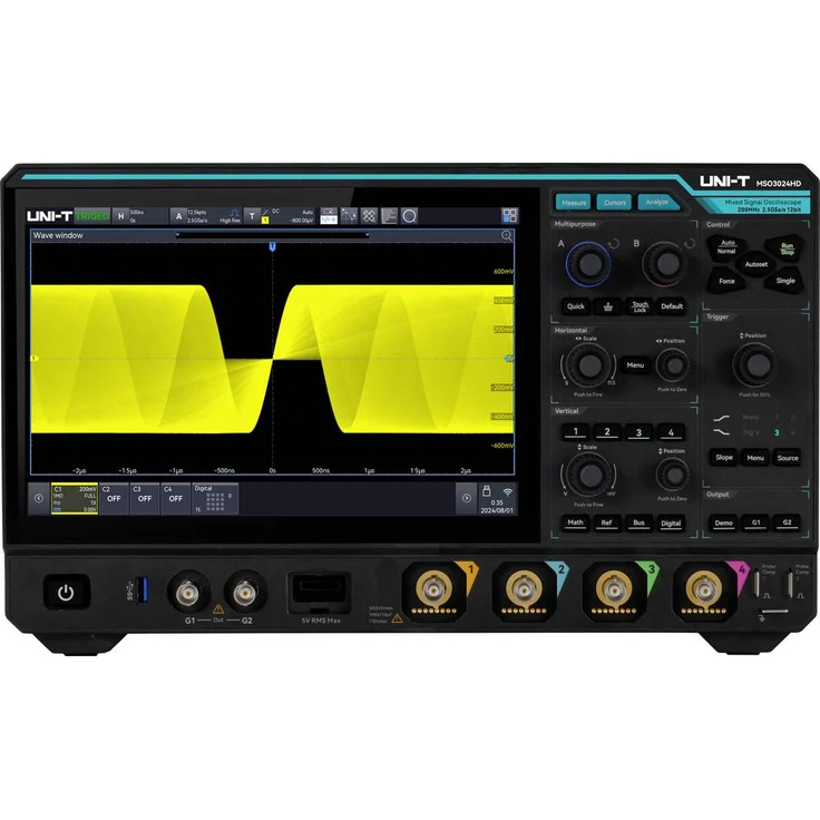 Uni-T MSO3024HD Digital-Oszilloskop, 200MHz Bandbreite, 2.5 GSa/s Abtastrate, 500 Mpts Speicher, 12 Bit, 10,1 Zoll Touchscreen