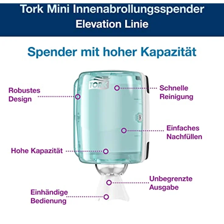 Tork 659000 Innenabrollungsspender für M2 Papierwischtücher, hygienische Einzeltuchentnahme, weiß-türkis, modernes Design, einfaches Nachfüllen, Sichtfenster – Bild 2