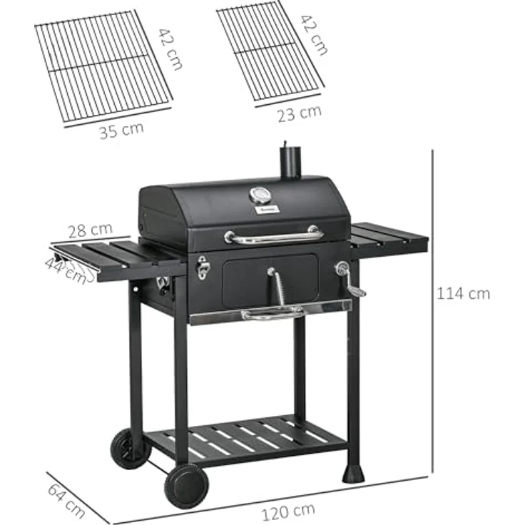 Outsunny Holzkohlegrill, Campinggrill mit zwei Grillrost, klappbar Seitenablage, Grillwagen mit Regal, Griff für BBQ, Edelstahl, Schwarz, 120 x 64 x 114 cm – Bild 5