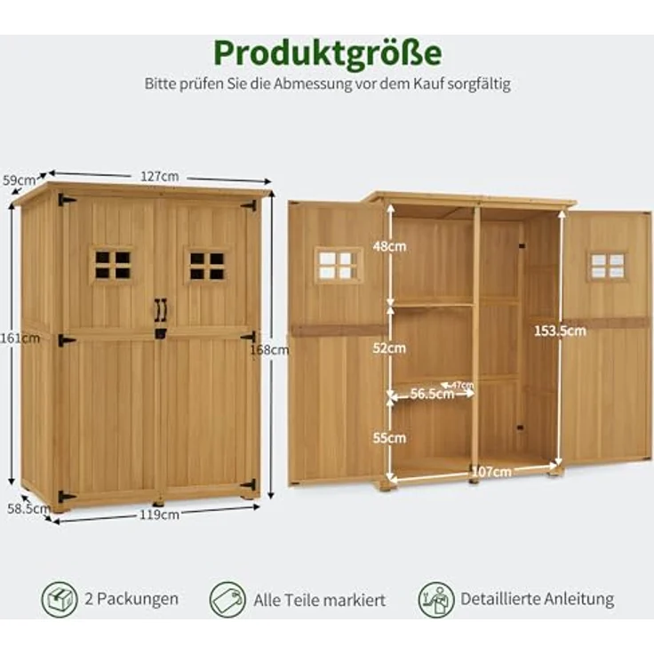 M MCombo Gartenschrank Holz, Gartenhaus Klein Wetterfest, Outdoor Gerätehaus Geräteschuppen, für Außenbereich Balkon Terrasse, 59×127×168 cm, 0912D (Natur) – Bild 3