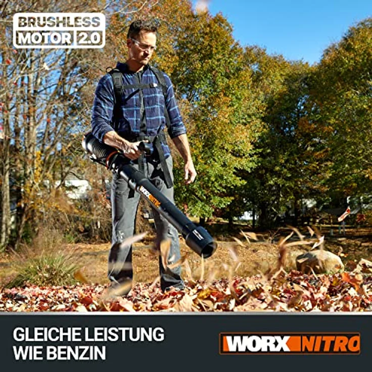 WORX Nitro WG572E 80V (4x20V/4Ah) Laubbläser – Profi mit leistungsstark bürstenlosem Motor – großes Luftvolumen – Variable Geschwindigkeit mit Turbomodus – inkl. 4 x Pro Akkus & Basecamp Ladengerät – Bild 2