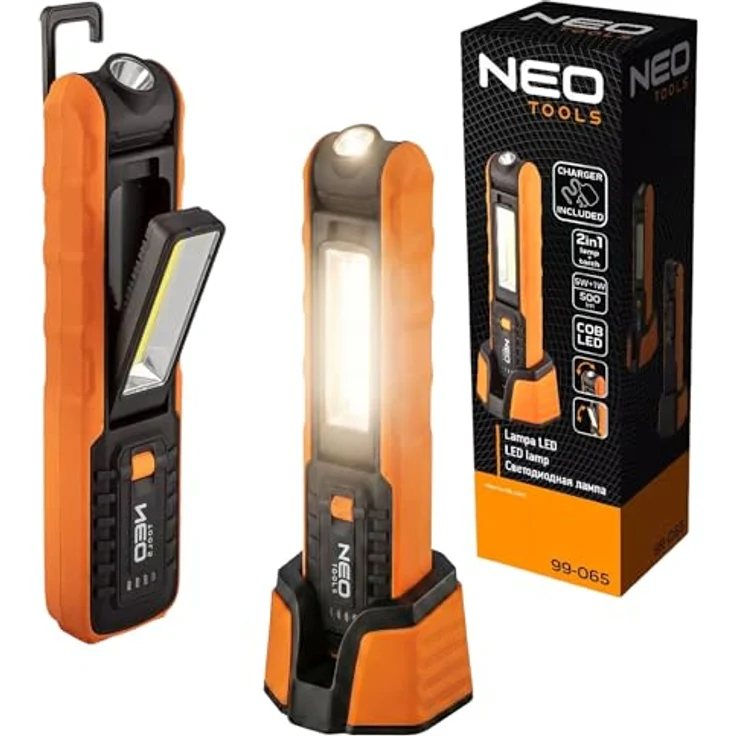 NEO TOOLS Akku-Werkstattlampe 500 lm COB LED, 2 in 1 Lampe mit Sockel und Ladegerät, Arbeitsleuchte mit Magnet und Haken, 3,7 V Li-Ion-Akku 2600 mAh – Bild 1