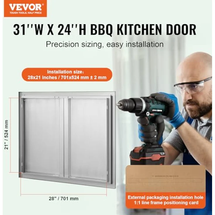 VEVOR Grill-Zugangstür, 787 x 609 mm, Doppelte Edelstahltür mit Versenkbaren Griffen, Für Außenküche und Grillstation – Bild 2