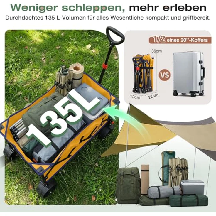 Sekey XXL Bollerwagen, Faltbar, 135L Volumen, 150kg belastbar, All-Terrain Räder mit Bremse, Patentierter 4-Wege-Sofortaufbau, Gelb – Bild 5