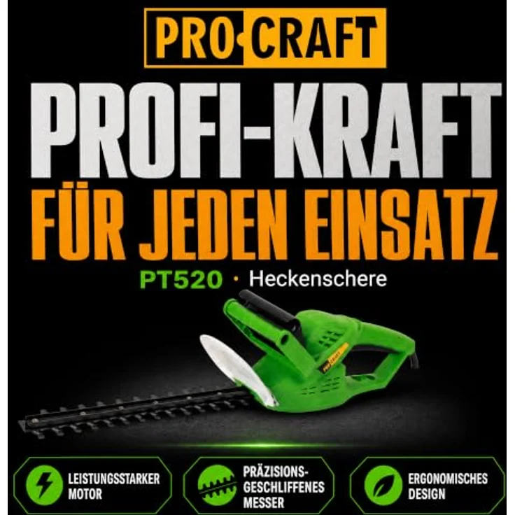 Procraft PT520 Heckenschere, 520 Watt, 410 mm Schnittlänge, 20 mm Schnittstärke, ergonomischer Griff, leiser Betrieb – Bild 2