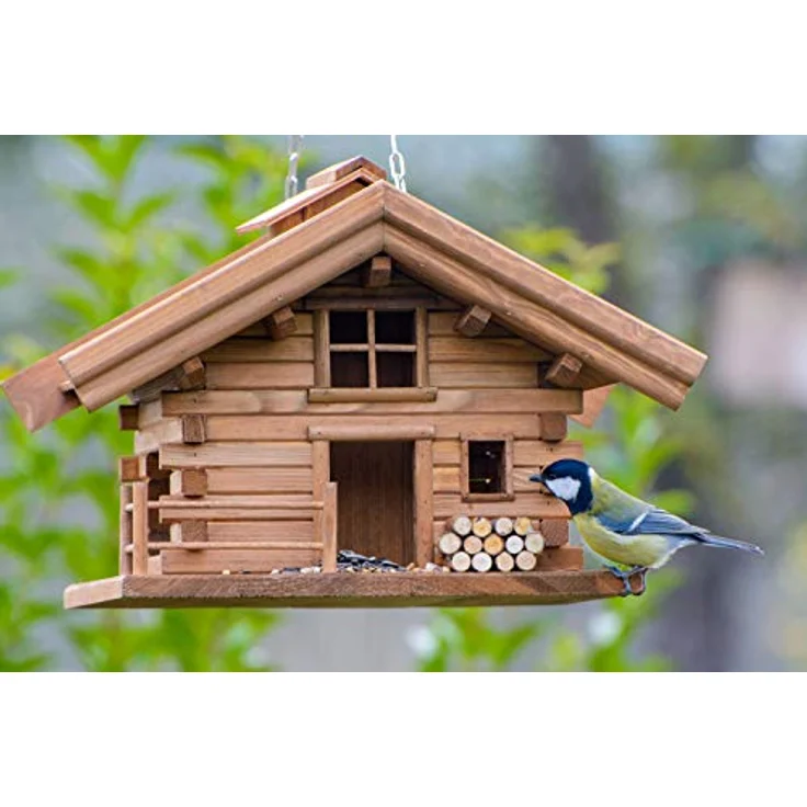 dobar® Green Label 98732FSCe Design Vogelfutterhaus St. Moritz hängend - Vogelhaus Hüttendesign - Vogelvilla Massivholz - Vogelfutterstation inklusive Kette zum Hängen - 37 x 37 x 26 cm - Braun – Bild 5