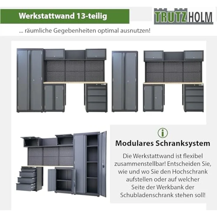 TRUTZHOLM Werkstattwand Werkstattschranksystem Werkstatteinrichtung 13-TLG. | flexibel zusammenstellbar, abschließbar, Hochschrank, Hängeschränke, Unterschränke Gasdruckfedern (Grau/Anthrazit) - Preisvergleich – Bild 3