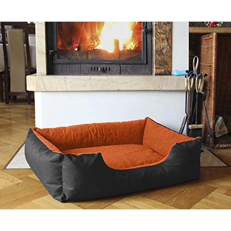 BedDog® Hundebett LUPI, Hundesofa aus Cordura, Microfaser-Velours, waschbares Hundebett mit Rand, Hundekissen Vier-eckig, für drinnen, draußen, L, ORANGE-Garden, schwarz-orange – Bild 2