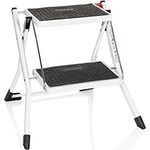 hjh OFFICE 801200 Klapptritt 2 Stufen SOLID W1 Stahl Tritt klappbar bis 150kg belastbar, Klappsicherung, Tragegriff, Trittstufe, Weiß