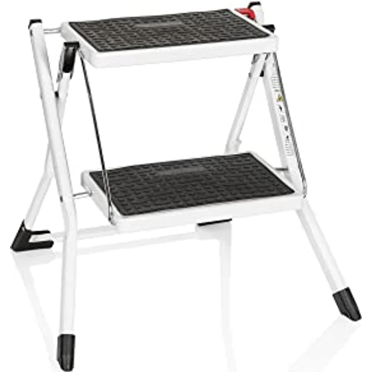hjh OFFICE 801200 Klapptritt 2 Stufen SOLID W1 Stahl Tritt klappbar bis 150kg belastbar, Klappsicherung, Tragegriff, Trittstufe, Weiß – Bild 1
