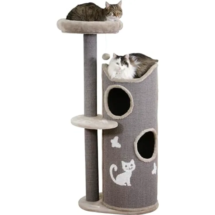 KERBL Pet Kratzbaum Tiama, Katzenbaum mit Kratztonne für kleine bis mittelgroße Katzen, Viel Kratzfläche zum Krallenwetzen, Kuschelige Liegeflächen, 56x38x130 cm, Grau