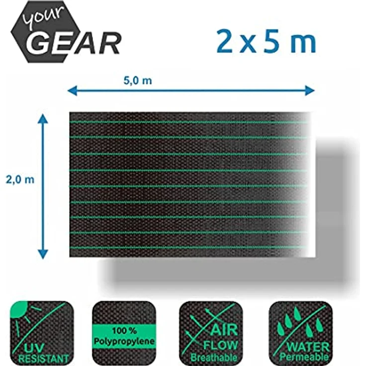 your GEAR 10 | 20 | 50 | 100 m² Unkrautfolie Gartenvlies Bodengewebe Unkrautschutz-Vlies in 1 oder 2 Meter Breite 100g/m² wasserdurchlässig reißfest [2x5m] – Bild 2