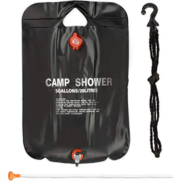 relaxdays Gartendusche Campingdusche, 20 Liter, faltbar, Schwarz, mit Handbrause und Schlauch, Solardusche für unterwegs