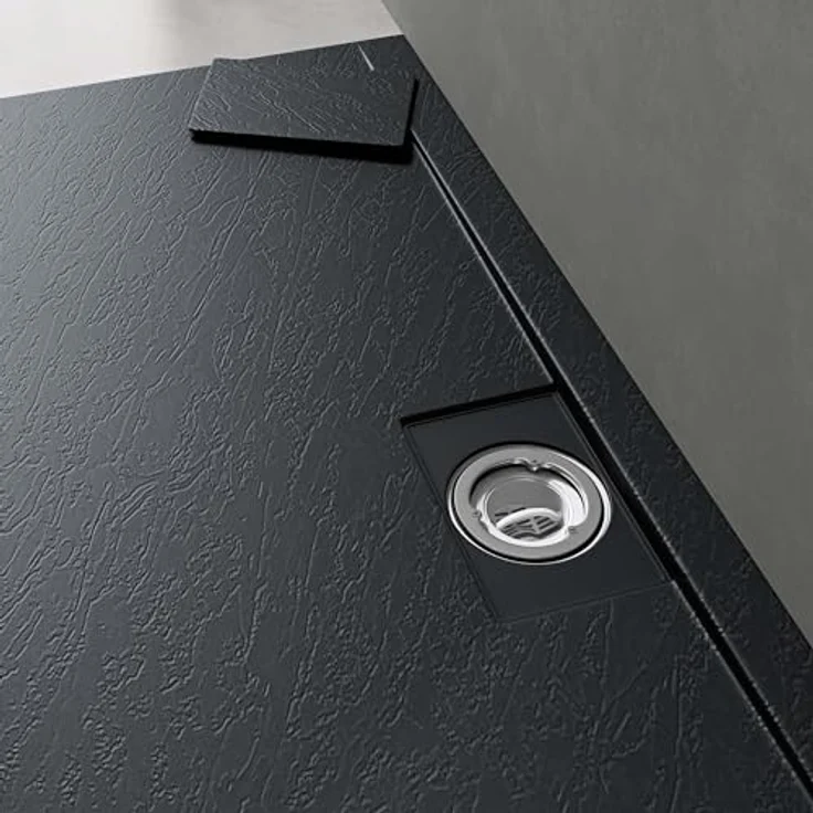 doporro Duschwanne Duschtasse flach Mineralguss DIN-Anschlüsse Boden Geoma07, Quadratisch, weiß – Bild 5