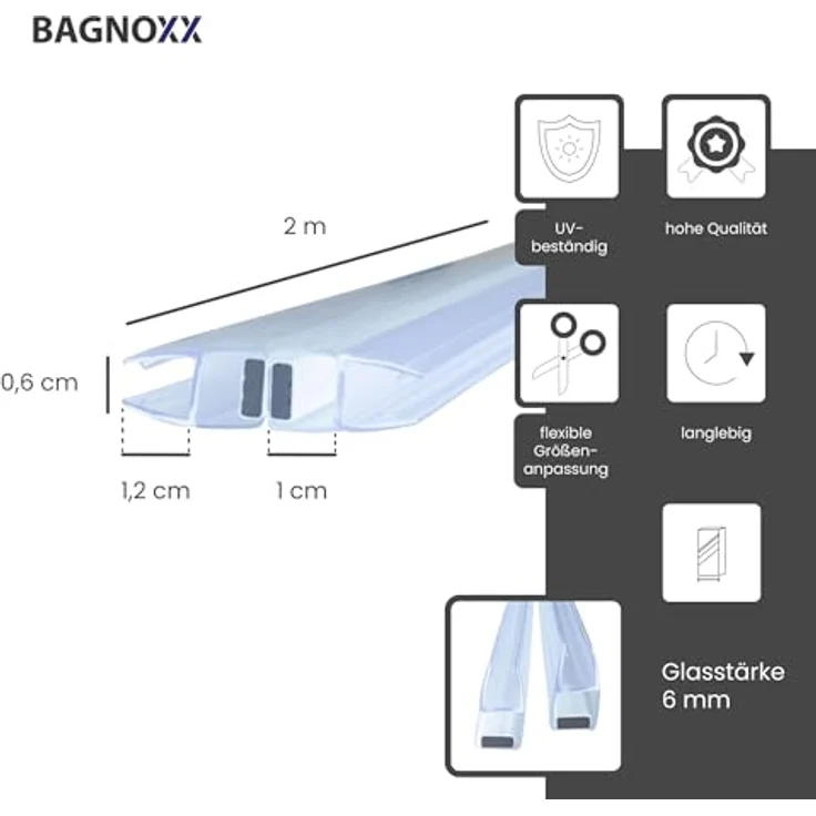 Bagnoxx Magnetdichtung Dusche 180° für 6mm Glas, 2m, transparent mit Magnetverschluss und schimmelbeständigem PVC – Bild 2