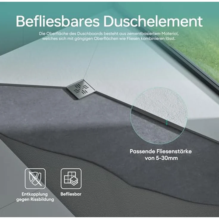 Mai & Mai Duschwanne Duschboard, befliesbares Duschelement in Beton Grau, bodeneben mit Gefälleplatte und hoher Abflussrate – Bild 3