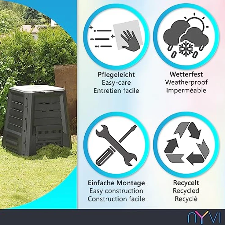 NYVI Gartenkomposter NYVIGreen 87x75x75 cm Anthrazit - 340 Liter - Thermokomposter aus wetterfestem & recyceltem Kunststoff – Schnellkomposter - Stabil, Pflegeleicht, Steckmontage ohne Werkzeug – Bild 3