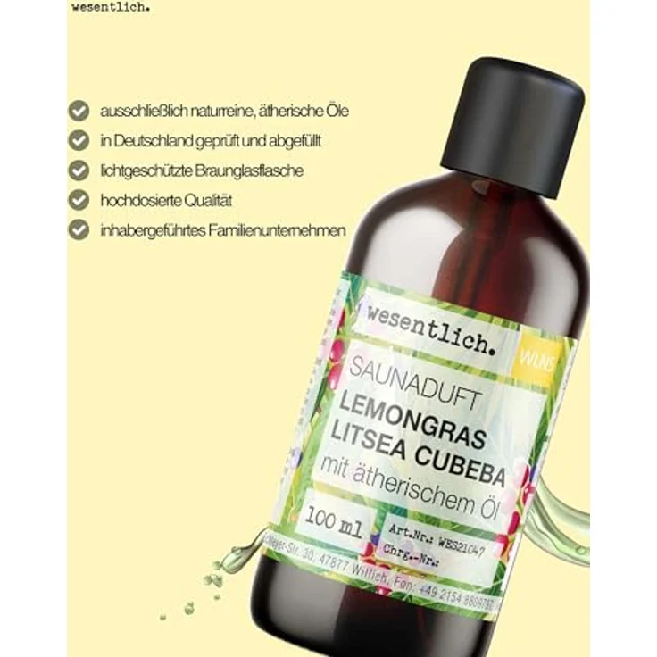 wesentlich. Saunaaufguss Lemongras-Litsea Cubeba, 100ml Braunglasflasche mit 100% naturreinen ätherischen Ölen für intensiven Saunaduft – Bild 4