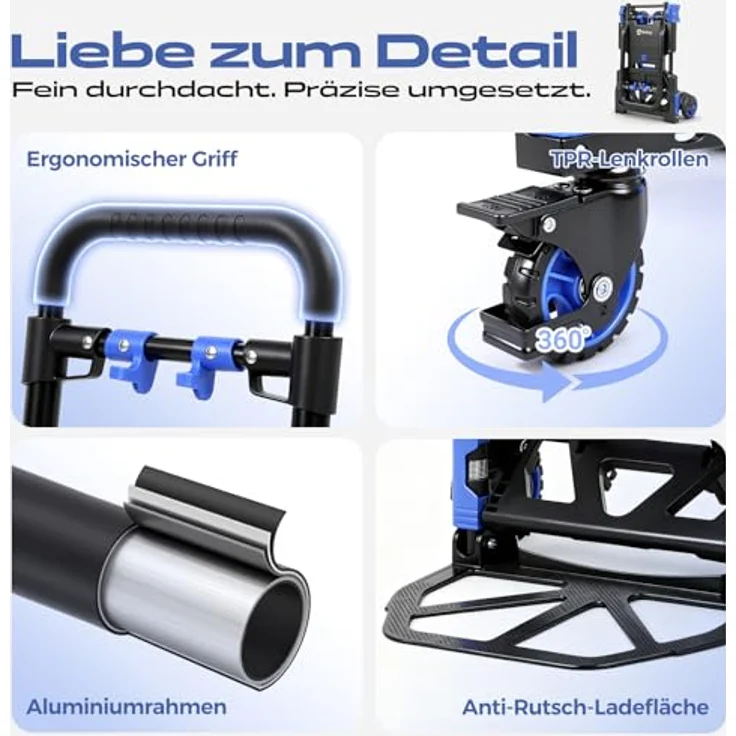 Sekey Sackkarre Alu 2-in-1, Klappbar bis 150 kg Tragkraft, Plattformwagen mit Bremse, ergonomischem Griff, schwarz/blau – Bild 4