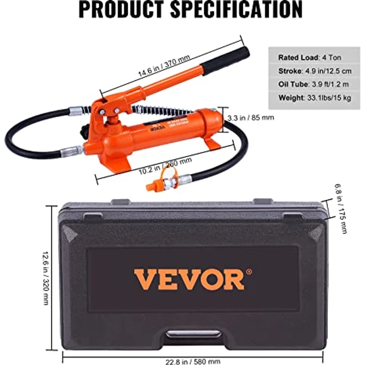 VEVOR Manuelle Hydraulikpumpe 4t, Handpumpen-Schlauchkupplung mit 125 mm Hub, inkl. 4 Verlängerungsstangen und tragbarem Werkzeugkoffer, rot – Bild 7