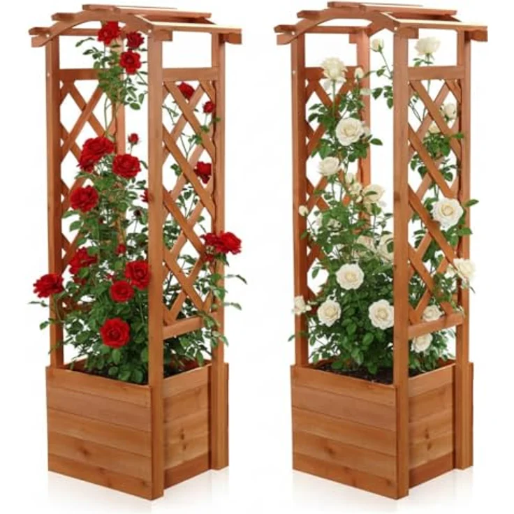 Melko Rankhilfe 2er Set, Holz Blumenbogen Hellbraun mit geschwungenem Dach und Pflanzkästen für verschiedene Blumen- und Pflanzenarten – Bild 1