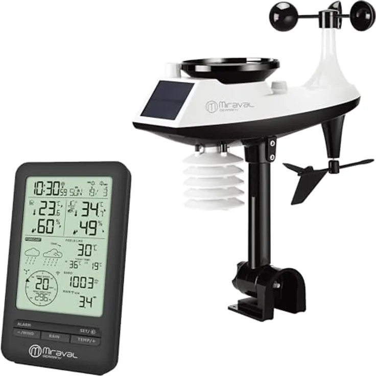 Miraval Funk-Wetterstation, digitale Wetterstation mit Windmesser, Regenmesser, 24-Stunden-Wettervorhersage, schwarzes Design