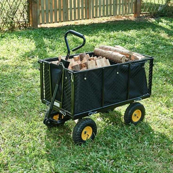 pro.tec Bollerwagen Corropoli, Handwagen mit herausnehmbarer Innenplane, max. 550 kg Tragkraft, ergonomischer Griff, klappbare Seitenwände, Schwarz/Gelb – Bild 4