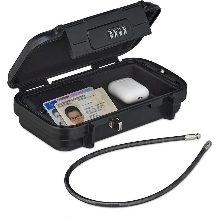 relaxdays Autotresor Sicherheitsbox tragbar mit Zahlenschloss, wasserdichter Mini-Tresor in Schwarz – Bild 1