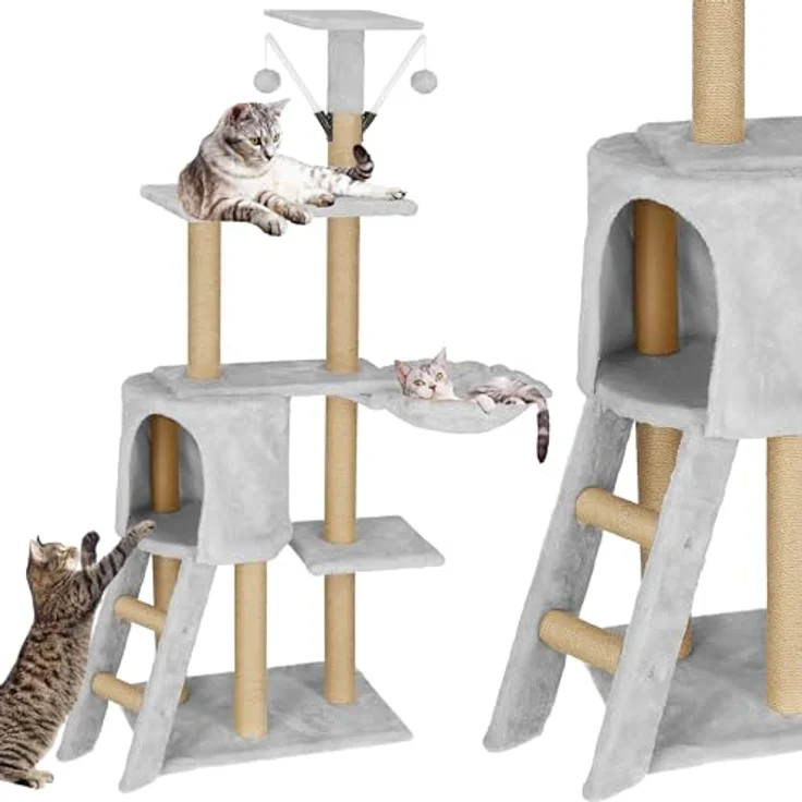 SPRINGOS Katzenkratzbaum Katzenhaus Liegemulde Spiel-Pompons Plattformen 136 cm, in Hellgrau – Bild 3