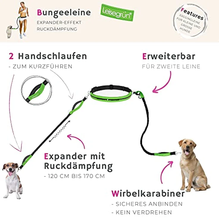 Leisegrün Joggingleine für große Hunde | Freihandleine zum Joggen mit Bauchgurt und Ruckdämpfer | Länge 125 cm bis 175 cm | Farbe: Schwarz – Bild 5