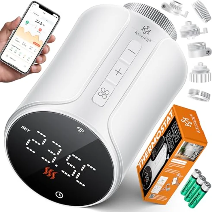 KESSER® Heizkörperthermostat WiFi Heizungsregler, Smart Home App Steuerung, Sprachsteuerung mit Alexa & Google Assistant, 6 Heizkörperventile, runde Form, Schwarz oder Weiß – Bild 1