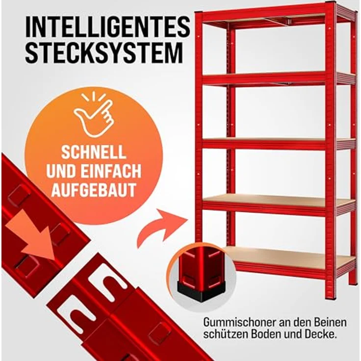 Monzana Schwerlastregal Kellerregal Steckregal Werkstattregal Lagerregal Regal 5 Böden - 180x90x40cm - Rot – Bild 3