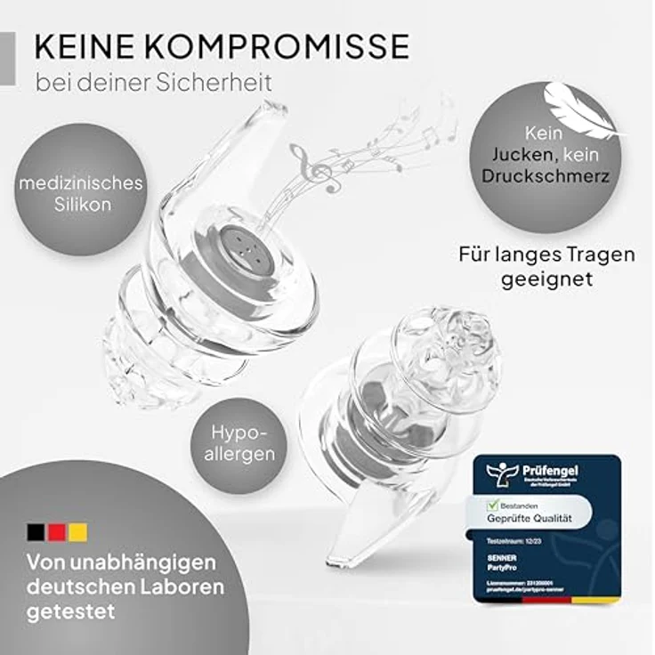 Senner Gehörschutzstöpsel PartyPro, 18 dB Lärmreduzierung für Musik, nahezu unsichtbar, hypoallergen, inkl. Aluminium Behälter – Bild 6
