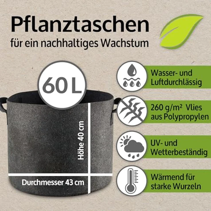 Zooprinz Premium Pflanztaschen, 6er Set aus 30L und 60L, robustes 260 g/m² Vliesstoff, UV- und witterungsbeständig, mit Wasserabfluss-System – Bild 2