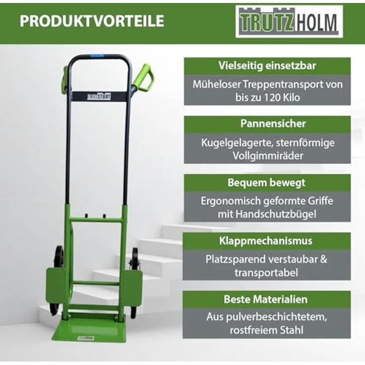 TRUTZHOLM Klappbare Treppensackkarre, höhenverstellbar, große Ladefläche, Stahl, 120 kg Traglast, 113 cm Höhe, pannensichere Vollgummiräder – Bild 9