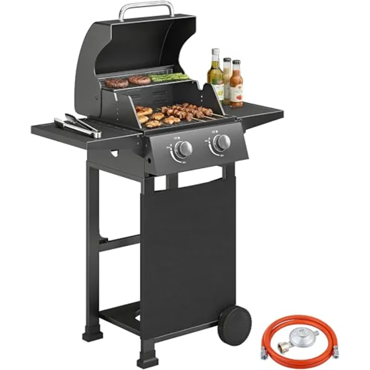 Outsunny Gasgrillwagen 5,4 kW, 2 Brenner mit klappbarem Seitentisch, Thermometer und Warmhalterost, schwarz