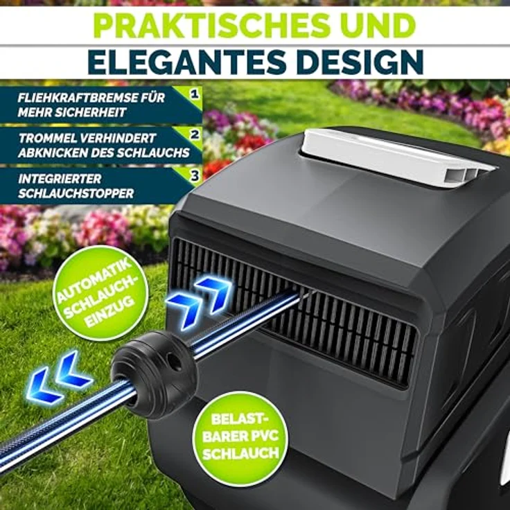 tillvex Schlauchtrommel mit Wandhalterung, 35m Gartenschlauch, 180° schwenkbar, Handbrause mit 9 Funktionen, Schwarz, mit Aufroll-Automatik – Bild 5