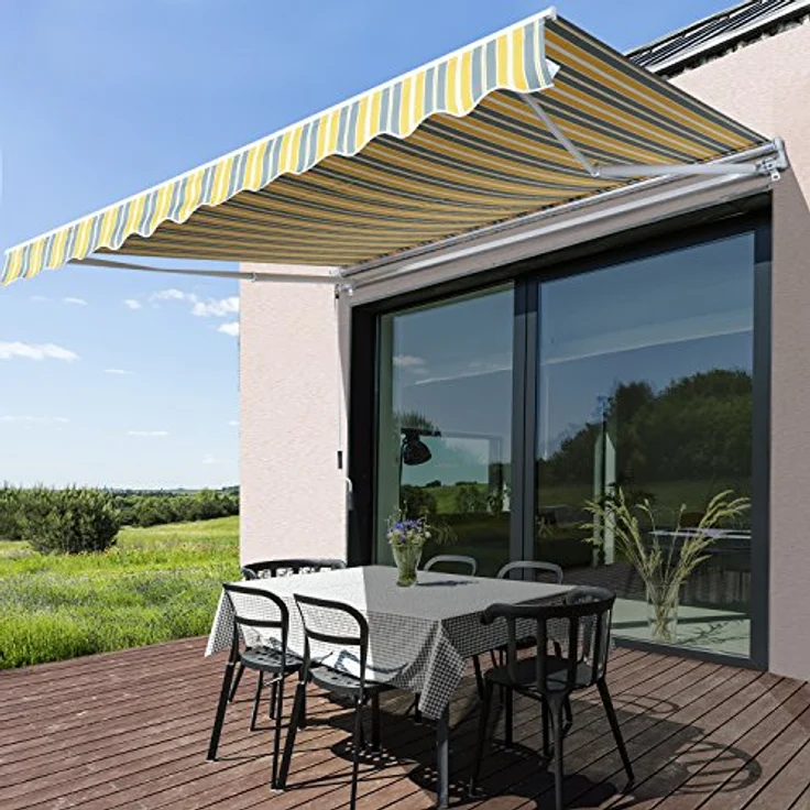 Outsunny Markise Gelenkarmmarkise Sonnenschutz mit Handkurbel 3,5 x 2,5m Gelb Grau Alu Polyester – Bild 2