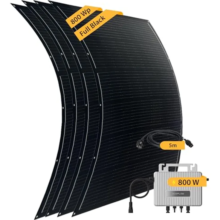 VALE Balkonkraftwerk 800 Wp Full Black, flexibles Solarpanel Set mit EcoFlow Stream Wechselrichter, 4x 200 W, 5m AC-Kabel