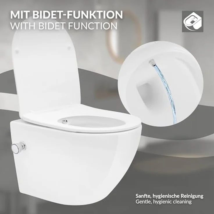 LuxeBath Wand-WC (Weiß) mit Bidet-Funktion, Softclose-Mechanismus und kraftvoller Tornadospülung, spülrandloses Design – Bild 7